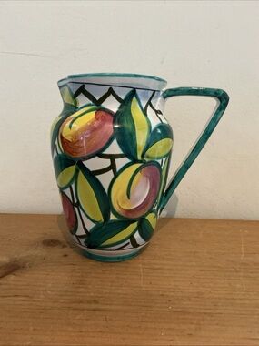 Hand-Painted Ceramic Pitcher in Teal, Yellow & Pink